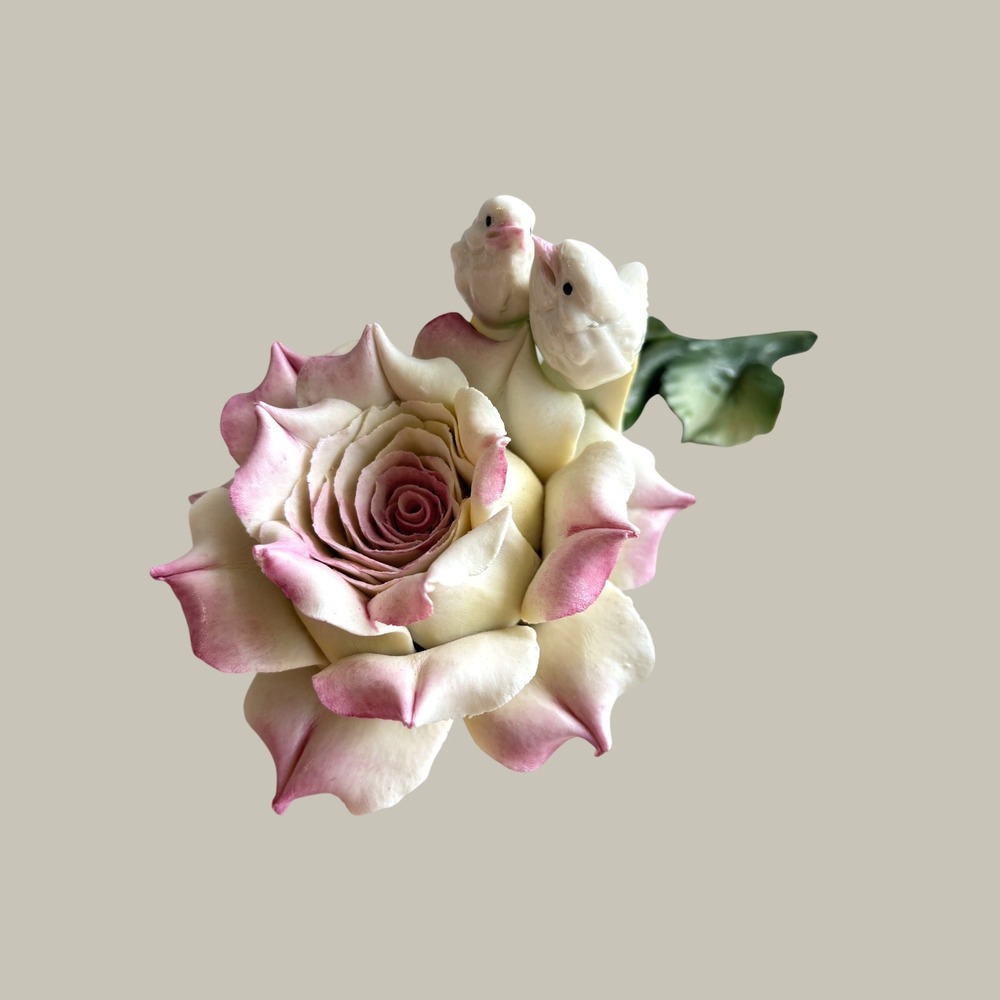 Capodimonte Italy Porcelain Pink Rose Figurine with Two Birds Vintage Decor
